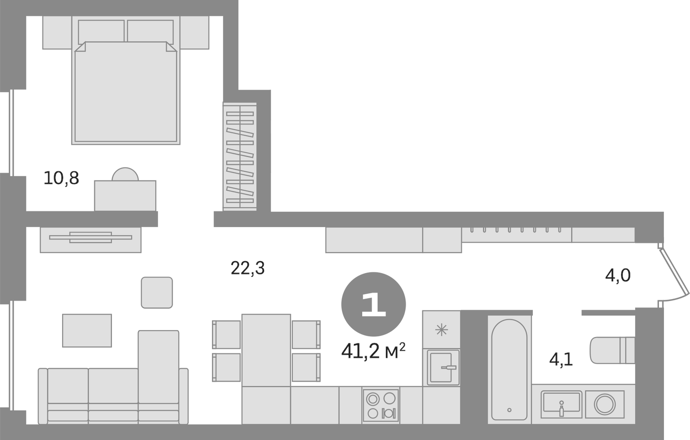 Планировка 2Е-к.кв, 41,2 м² в ЖК Северный квартал